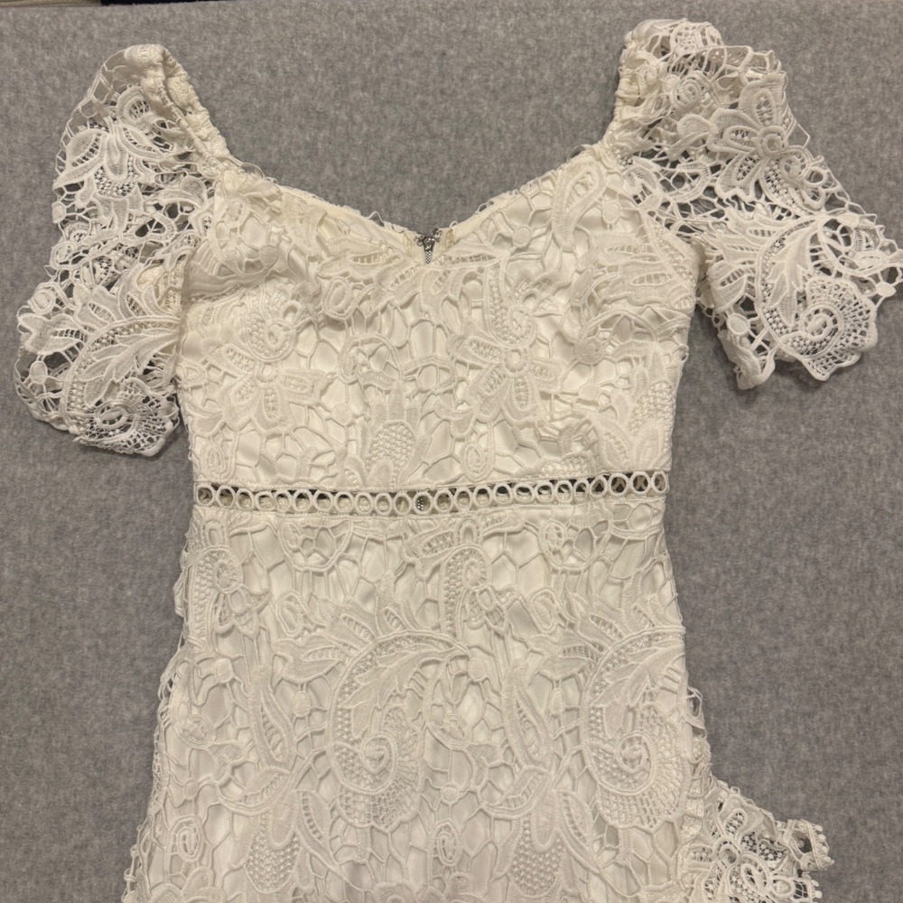 Lulus White Lace Off Shoulder Ruffle High Low Midi Dress Medium Rush Homecoming - Picture 6 of 10